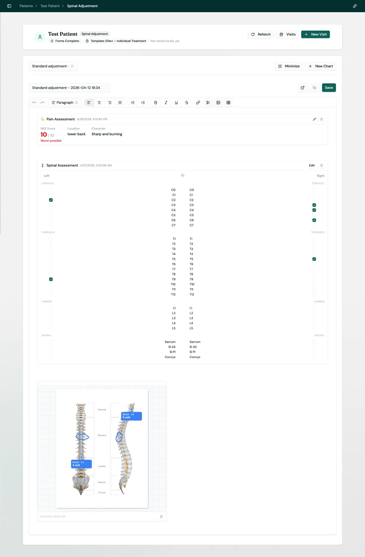 Zdrovia patient chart with structured assessments and annotated clinical images