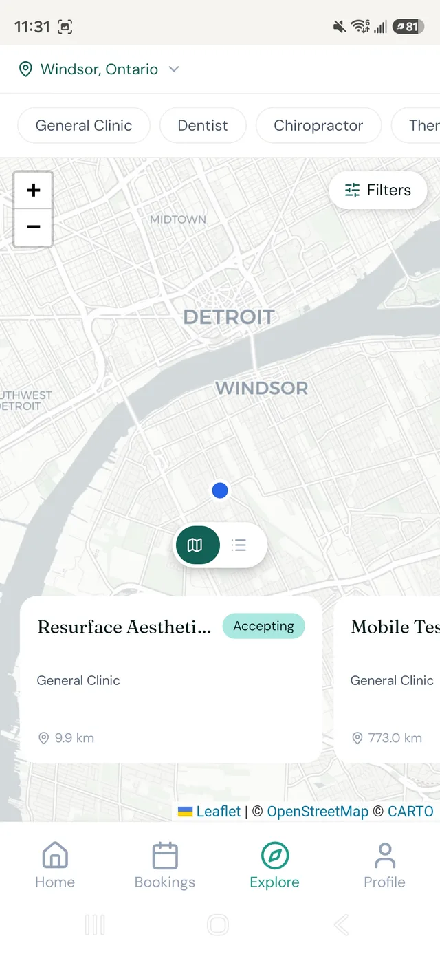 Map of clinics near Windsor, Ontario in the Zdrovia app