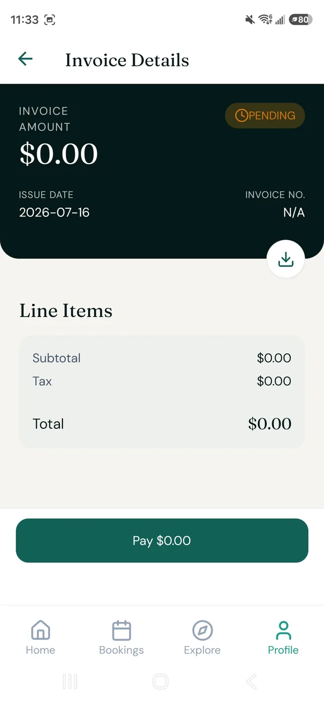 Invoice details in the Zdrovia app with line items and pay button